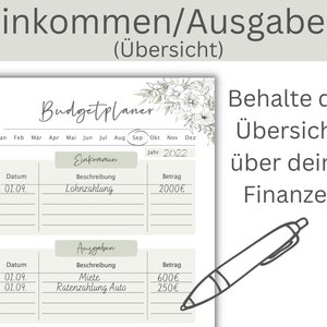 May include: A printable budget planner with a floral design. The planner includes sections for income and expenses, with columns for date, description, and amount. The text "Budget Planner" is written in a decorative font. The text "Behalte die &Uuml;bersicht &uuml;ber deine Finanzen" is written in German.