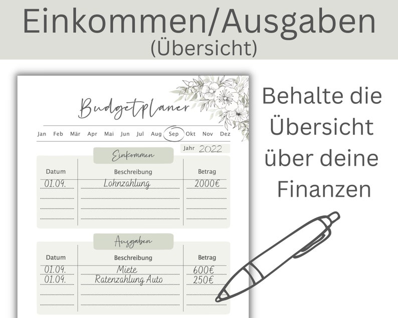 May include: A printable budget planner with a floral design. The planner includes sections for income and expenses, with columns for date, description, and amount. The text "Budget Planner" is written in a decorative font. The text "Behalte die &Uuml;bersicht &uuml;ber deine Finanzen" is written in German.