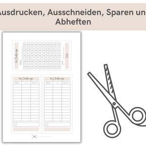 May include: Printable checklist with the text "Te Challenge" and "50&euro;" in black text. The checklist is divided into sections with columns labeled "Datum", "✓", and "Summe". A pair of scissors is shown below the checklist.