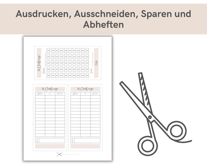 May include: Printable checklist with the text "Te Challenge" and "50&euro;" in black text. The checklist is divided into sections with columns labeled "Datum", "✓", and "Summe". A pair of scissors is shown below the checklist.