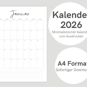 Könnte beinhalten: Eine minimalistische weiße Kalenderseite für Januar 2026 mit Rasterlayout und den Wochentagen oben. Das Wort "Januar" ist kursiv geschrieben. Zwei runde Grafiken zeigen "Kalender 2026" und "A4 Format".