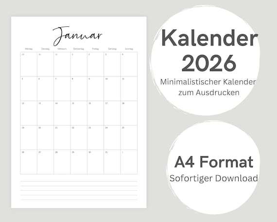 Druckbarer Kalender 2026 | Monatsplaner 2026 | A4 Format | Minimalistischer Jahresplaner zum Ausdrucken | Download | Digitale PDF Datei