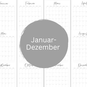 May include: A minimalist wall calendar with a white background and black text. The months are displayed in a handwritten font. The calendar includes the text "Januar-Dezember" in a gray circle.