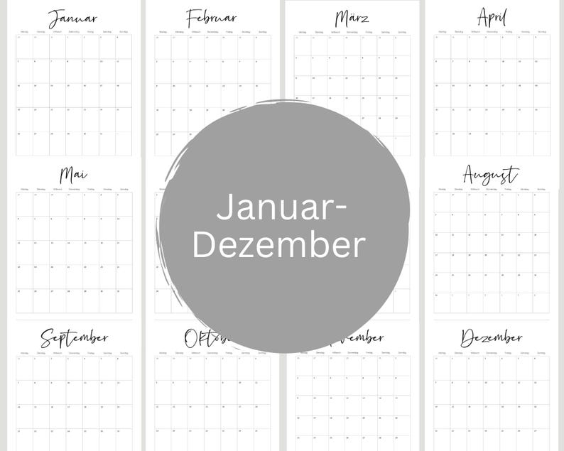 May include: A minimalist wall calendar with a white background and black text. The months are displayed in a handwritten font. The calendar includes the text "Januar-Dezember" in a gray circle.
