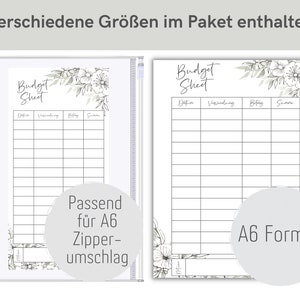May include: Two printable budget sheets with a floral design. The sheets are labeled "Budget Sheet" and have columns for date, spending, balance, and total. The sheets are designed to fit in an A6 zippered folder.