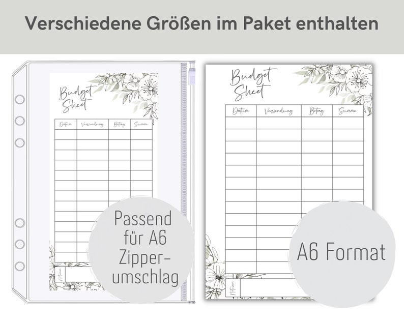 May include: Two printable budget sheets with a floral design. The sheets are labeled "Budget Sheet" and have columns for date, spending, balance, and total. The sheets are designed to fit in an A6 zippered folder.