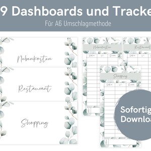 May include: A set of printable A6-sized dashboards and trackers featuring a eucalyptus leaf design. The dashboards are labelled "Nebenkosten", "Restaurant", and "Shopping". The text "Sofortiger Download" is also included.