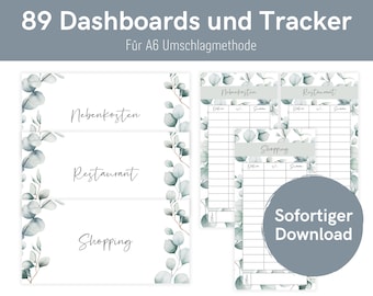 May include: A set of printable A6-sized dashboards and trackers with a eucalyptus leaf design. The dashboards are labeled "Nebenkosten", "Restaurant", and "Shopping". The text "Sofortiger Download" is also included.