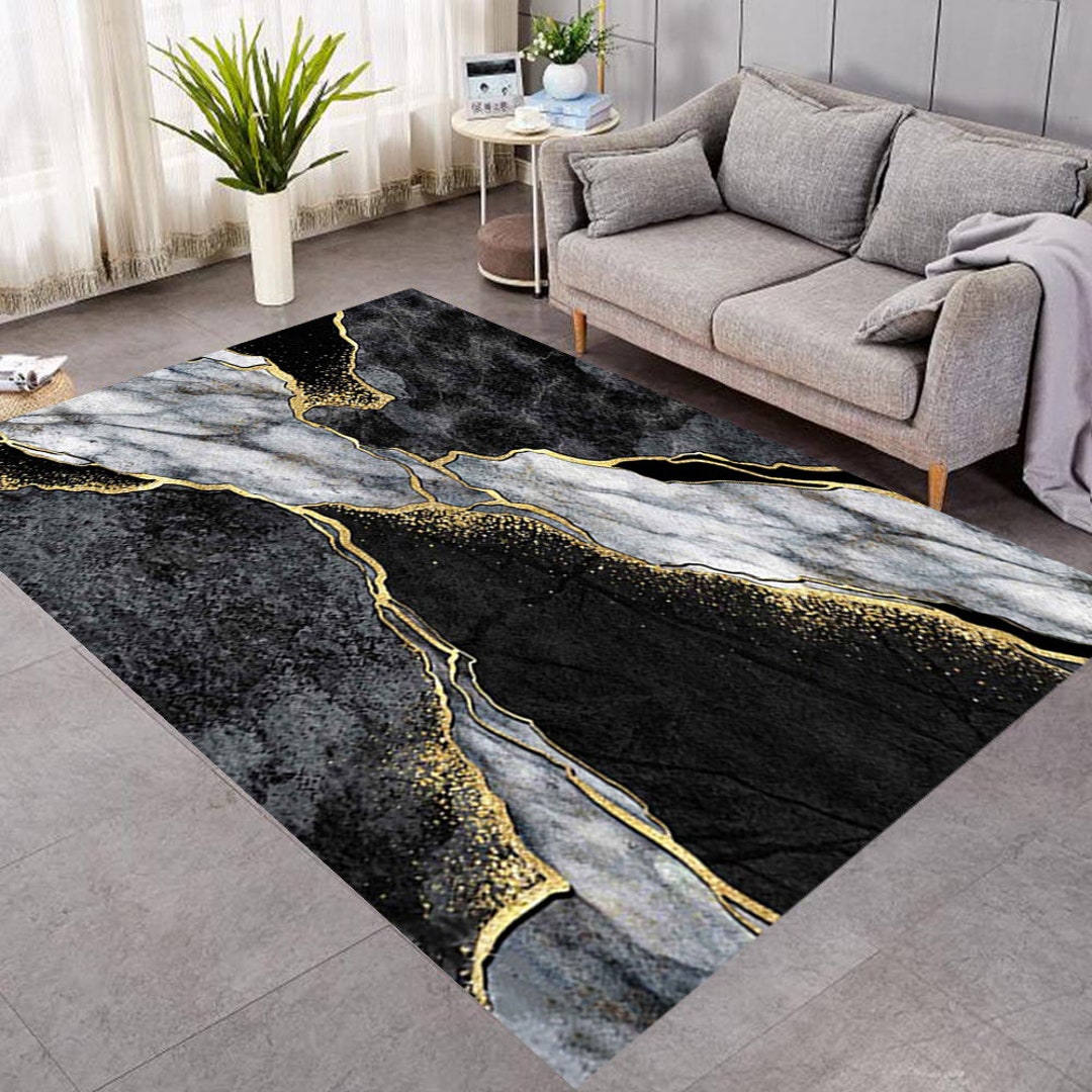 Black Marble Rug,golden Printed Rug,black Rug,gold Black Rug,fantastic