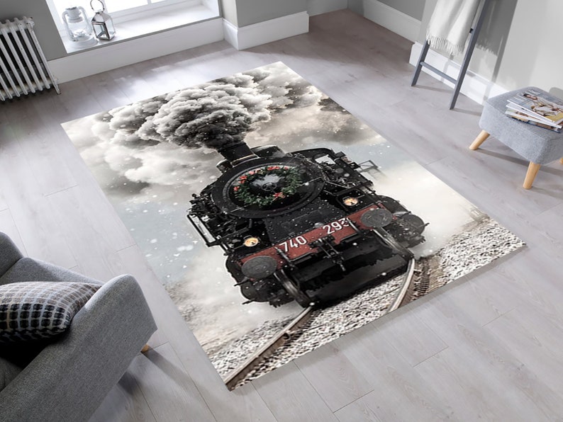 Vintage Train Area Rugtrain Rug3d Field Train Smoke Etsy