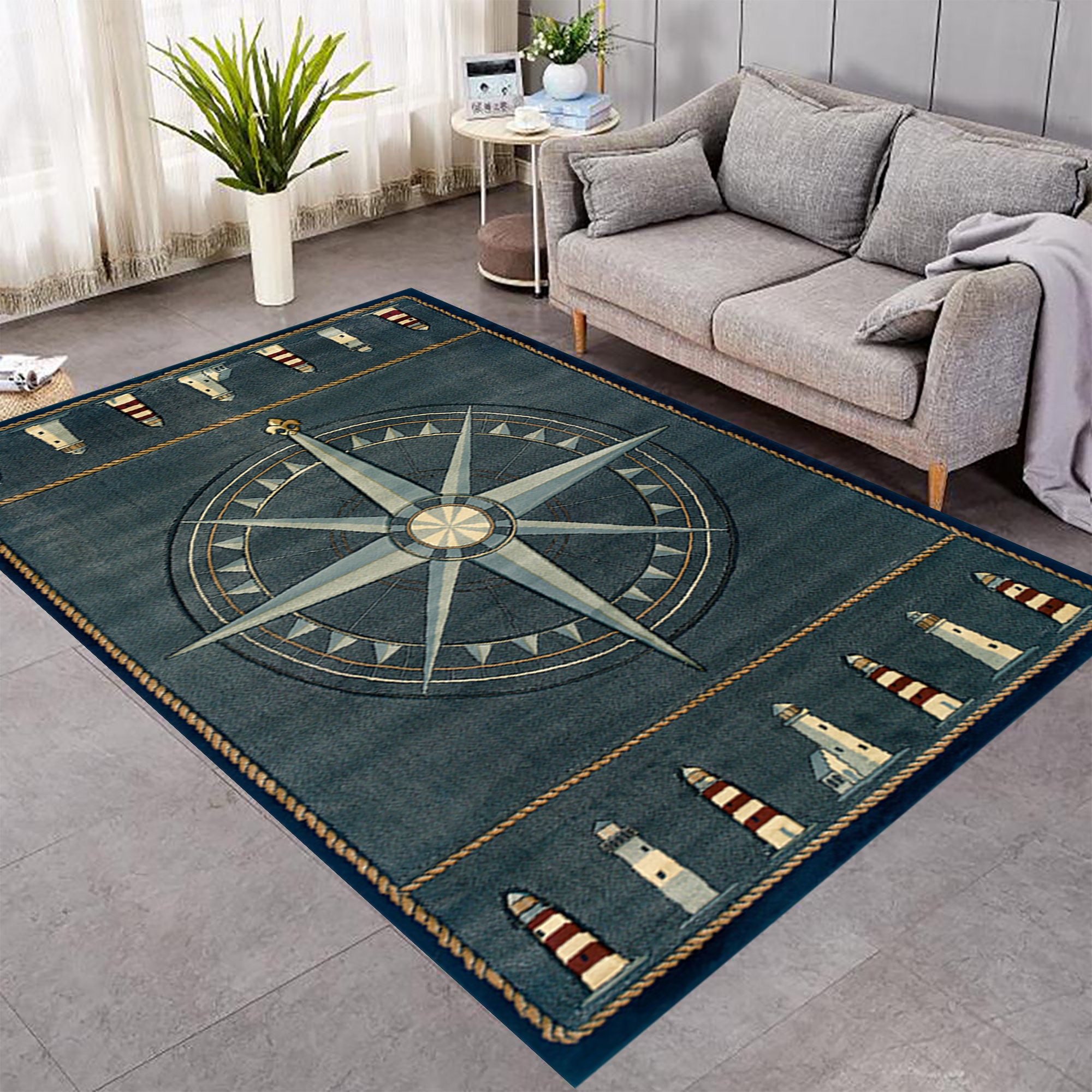 Lighthouse Nautical Rug Compass Design