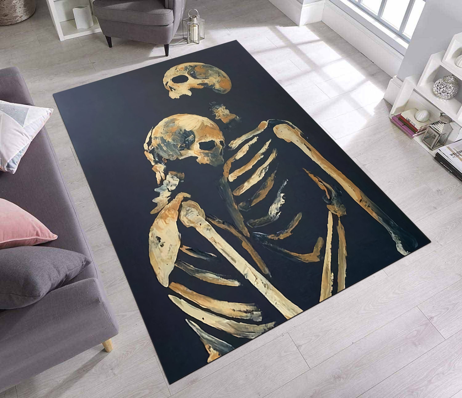 Vintage Coffin Flower Skeleton Print Carpet Living Room Rug - Temu