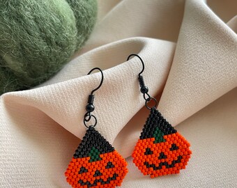 Halloween Miyuki Earrings, Pumpkin Earrings, Handwoven Miyuki Earrings