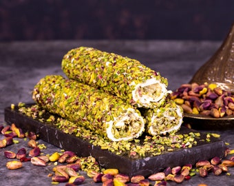 Dubbele pistache met melkachtige pistachecrème Delight, Pistache Delight, Turks fruit, Turks dessert, Turks snoep, luxe lekkernijen