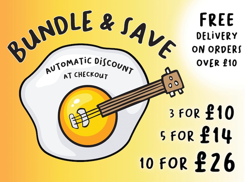 The image is an advertisement for a bundle and save offer, featuring a guitar-shaped egg with a price tag.