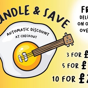 The image is an advertisement for a bundle and save offer, featuring a guitar-shaped egg with a price tag.