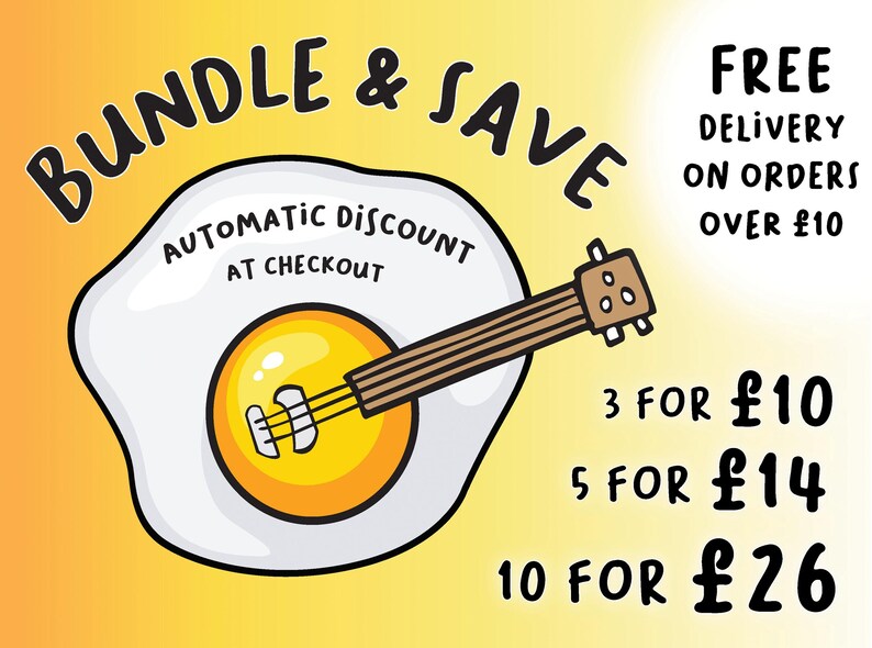 The image is an advertisement for a bundle and save offer, featuring a guitar-shaped egg with a price tag.
