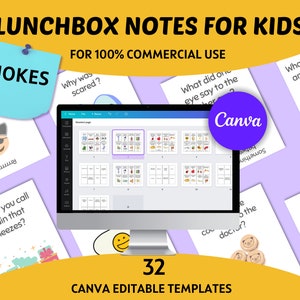 Scherzi Lunch Box Notes per bambini, Licenza commerciale, Uso commerciale, PLR, Cartoline Lunchbox stampabili, Modelli Canva completamente modificabili