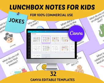 Jokes Lunch Box Notes for Kids, Commercial License, Commercial Use, PLR, Printable Lunchbox Cards, Fully Editable Canva Templates