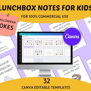 May include: A computer monitor displays a Canva template for lunchbox notes for kids. The image includes Halloween-themed jokes and graphics. Text on the image reads "Lunchbox Notes for Kids," "Halloween Jokes," and "32 Canva Editable Templates."