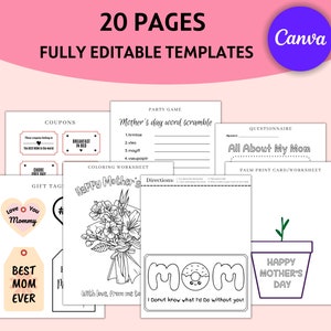 May include: A set of 20 printable Mother's Day activity templates for children. The templates include colouring pages, a word scramble, a questionnaire, and gift tags. The templates are fully editable and can be customised with Canva.