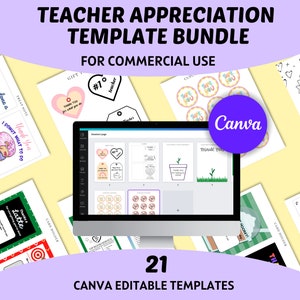 Presente da Semana de Apreciação do Professor para impressão, pacote de modelo Canva editável, uso comercial, nota de agradecimento, etiqueta de caixa de presente, etiqueta, porta-cartão