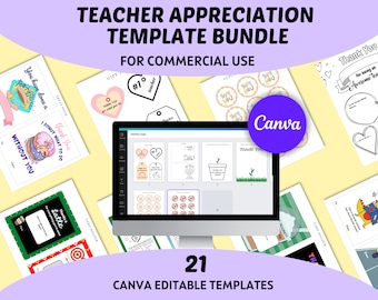 Teacher Appreciation Week Gift Printable, Editable Canva Template Bundle, Commercial Use, Thank You Note, Gift Box Tag, Label, Card Holder