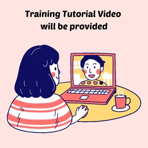 May include: A woman is sitting at a table with a laptop, watching a video tutorial. The person on the screen is smiling and wearing a yellow shirt with orange dots. The woman has dark hair and is wearing a red and white striped shirt. There is a cup of coffee on the table.