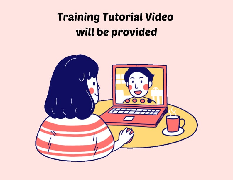 May include: A woman is sitting at a table with a laptop, watching a video tutorial. The person on the screen is smiling and wearing a yellow shirt with orange dots. The woman has dark hair and is wearing a red and white striped shirt. There is a cup of coffee on the table.