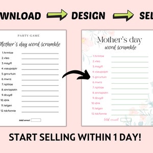 May include: A printable Mother's Day word scramble game with a floral design. The game includes 12 words to unscramble, with a space for the total number of correct answers.