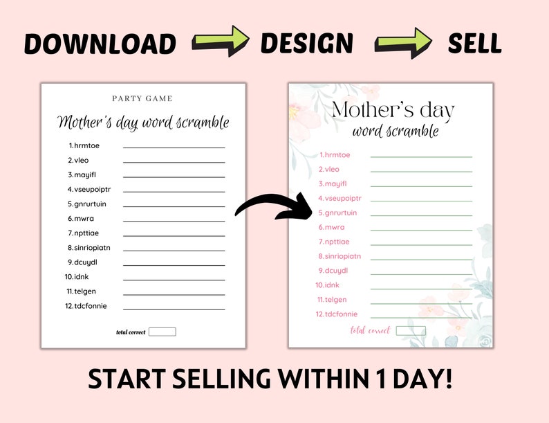May include: A printable Mother's Day word scramble game with a floral design. The game includes 12 words to unscramble, with a space for the total number of correct answers.