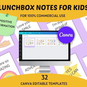 May include: A computer monitor shows Canva editable templates for lunchbox notes for children. The image includes positive affirmations, a heart, a rainbow, and a frog illustration. Text includes "Lunchbox Notes for Kids" and "32 Canva Editable Templates."