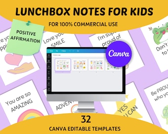Lunchbox Notes for Kids, Printable Lunchbox Cards, Affirmation, Encouragement, Commercial License, Commercial Use, Canva Template
