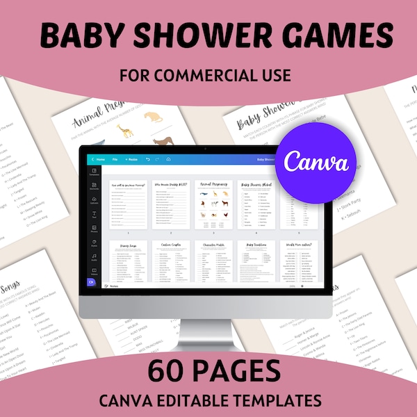 Baby Shower Games Bundle, Printables, Commercial Use, Commercial License, Private Label, Sell on Etsy, Fully Editable Canva Templates