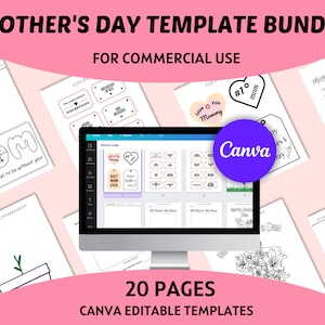 May include: A digital design template bundle for Mother's Day, featuring 20 pages of printable designs. The designs include a donut-themed card, a gift tag, a word search, a scavenger hunt, and a colouring page. The designs are editable in Canva.