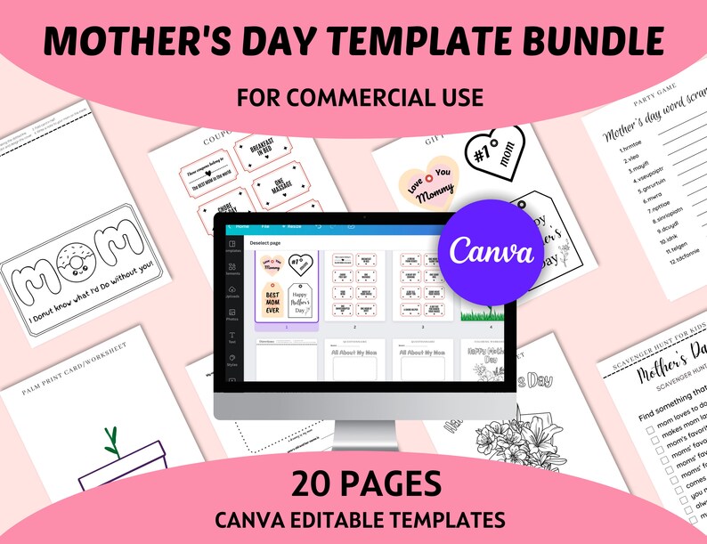 May include: A digital design template bundle for Mother's Day, featuring 20 pages of printable designs. The designs include a donut-themed card, a gift tag, a word search, a scavenger hunt, and a colouring page. The designs are editable in Canva.