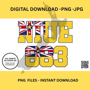 Könnte beinhalten: Digitaler Download-Grafik mit dem Wort "NIUE" in gelben Blockbuchstaben, wobei die Flagge von Niue in das Design integriert ist. Die Zahlen "683" werden ebenfalls angezeigt. Der Text "PNG FILES - INSTANT DOWNLOAD" steht unten.