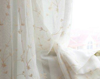 Custom White Embroidered Curtains, Semi-transparent Living Room Panel, Extra-long Bedroom Curtains