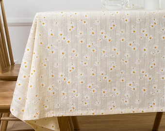 White Daisy Tablecloth With Tassels, Customizable Rectangular Tablecloth, Outdoor Party Table Decor