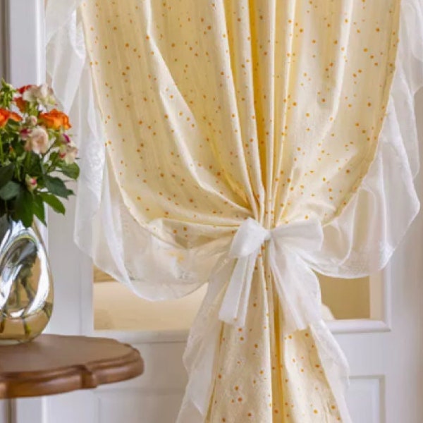 French Style Cotton Curtains With Ruffles, Little Daisy Embroidered Curtains, Rod Pocket Lace Curtains