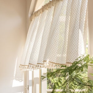 Cafe Short Curtain, Farmhouse Kitchen Curtain with Tassels, Semi-Transparent Curtain