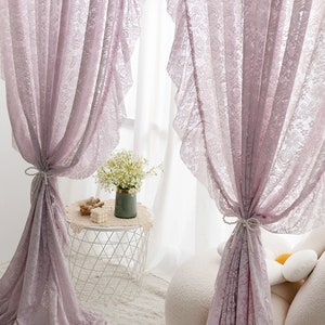 Vintage Pink Lace Curtains | Shabby Chic Hollow Tulle Curtains | Princess Floral Curtains with Ruffles | Rod Pocket