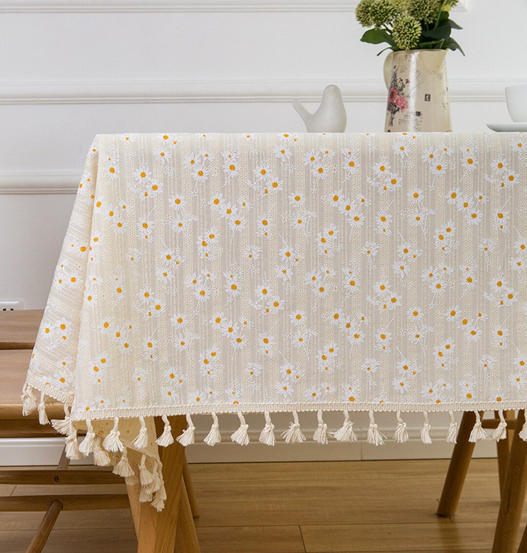 White Daisy Tablecloth With Tassels, Customizable Rectangular