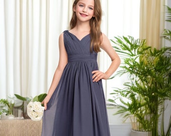 Storm Blue Chiffon V Neck Flower Girl Dresses for wedding Princess Girls Dress Floor-Length Junior Bridesmaid Dress Holy Communion Dress