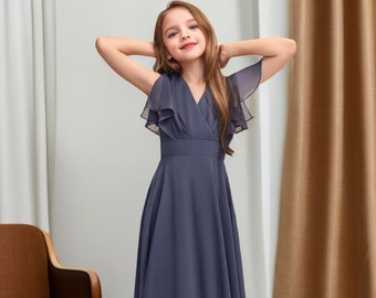 Long Girl Dress for wedding Halter Princess Girls Dress Scoop Junior Bridesmaid Dress Floor Length Chiffon Girl Dress Flower Gown