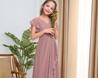 Long Girl Dress for wedding V Neck Princess Girls Dress Junior Bridesmaid Dress Floor Length Chiffon Girl Dress Flower Gown