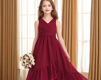 Burgundy Chiffon Flower Girl Dresses for wedding Princess Girls Dress Asymmetrical Junior Bridesmaid Dress Sleeveless Flower Gown