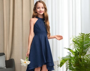 Dark Navy Girl Dress for wedding Halter Princess Girls Dress Scoop Junior Bridesmaid Dress Asymmetrical Chiffon Girl Dress Flower Gown