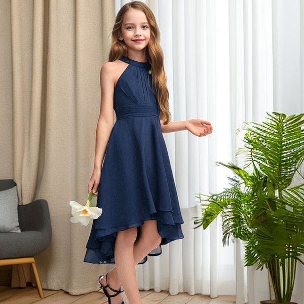 Dark Navy Mädchenkleid für die Hochzeit Neckholder Prinzessin Mädchenkleid Scup Junior-Brautjungfer Kleid Asymmetrisches Chiffon-Mädchenkleid Blumenkleid