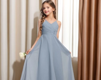 Dusty blue Girl Dress for wedding Princess Girls Dress Junior Bridesmaid Dress Floor Length Chiffon Girl Dress Flower Gown Pageant Dress